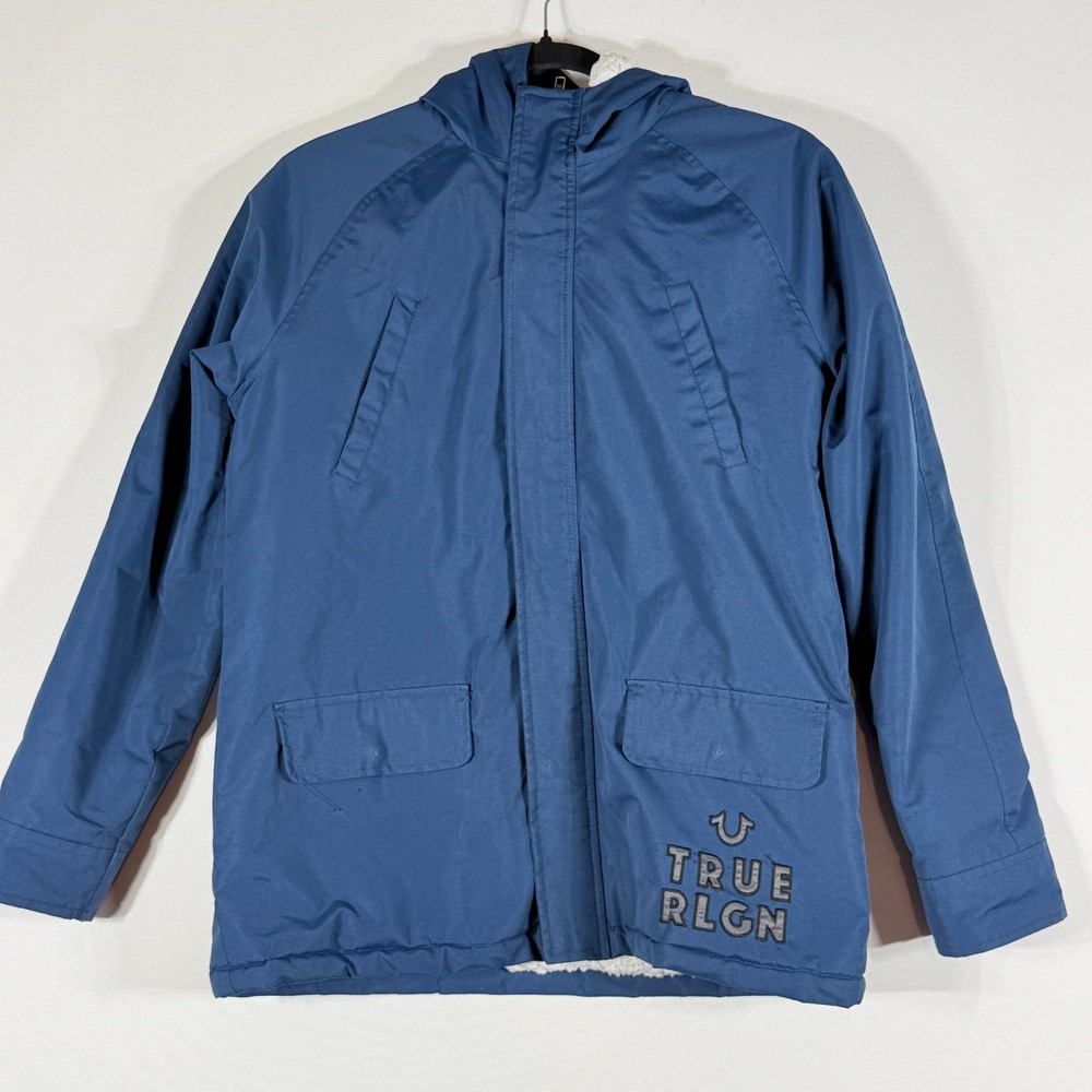 True Religion Girls Large Coat Parka Jacket Blue Logo Sherpa‎ Lined Hooded Heavy